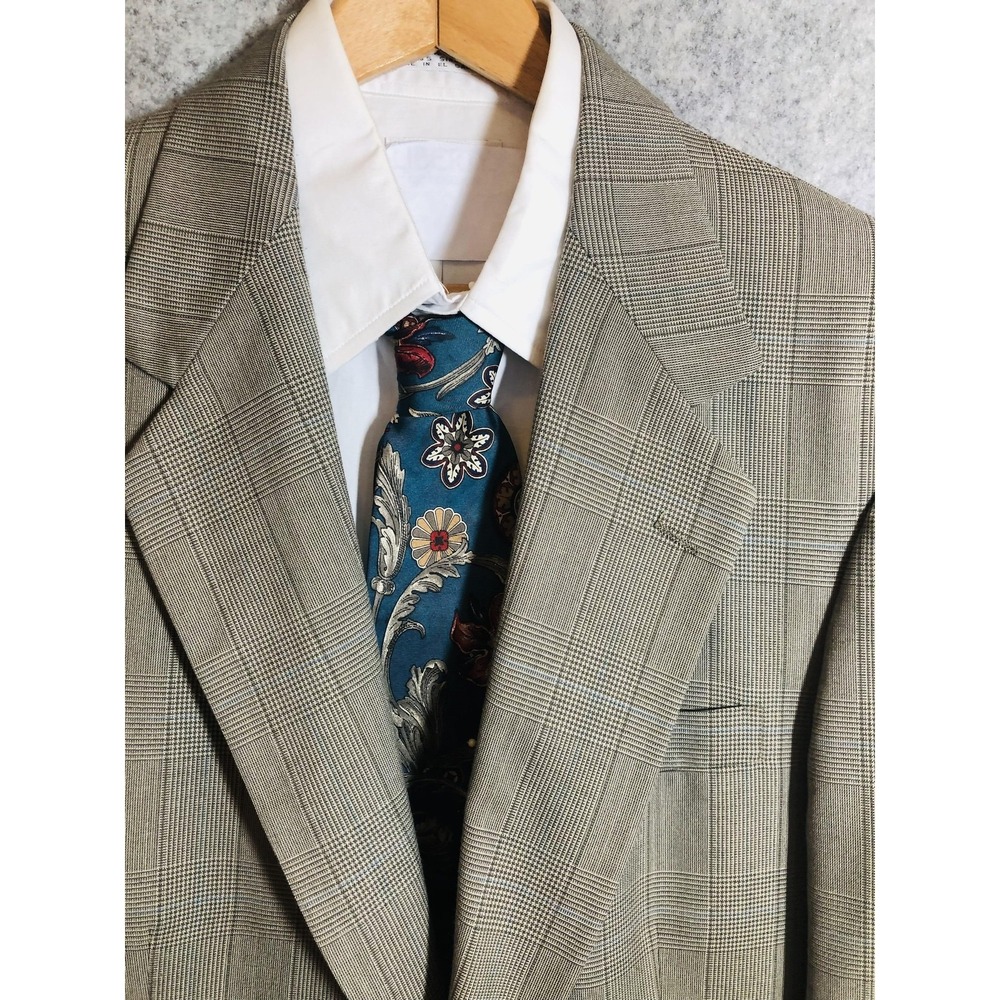 Vintage Stanley Blacker Blazer Mens 44R Beige Glen Plaid Sport Coat USA 80s